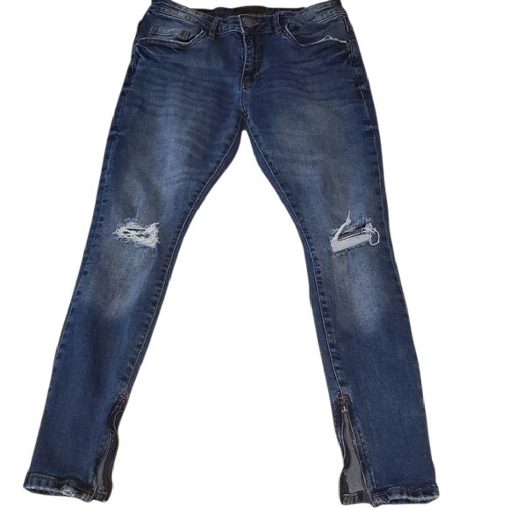 YoungLA Skinny Jeans Blue Distressed Ankle‎ Zip Denim Streetwear 32x28